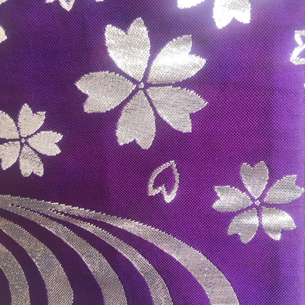 Shiny reversible Japanese hanhaba obi - pink and purple with silver sakura flowers - obi for dancing