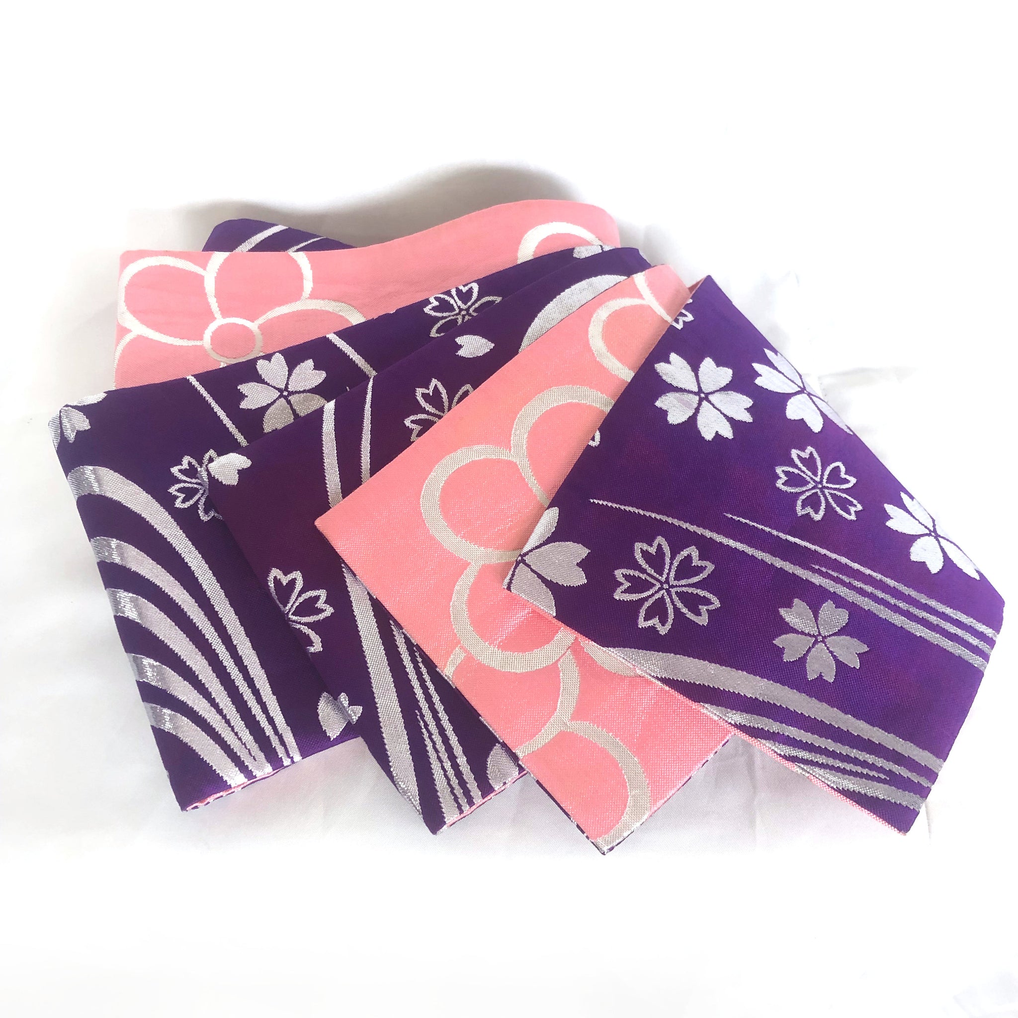 Shiny reversible Japanese hanhaba obi - pink and purple with silver sakura flowers - obi for dancing