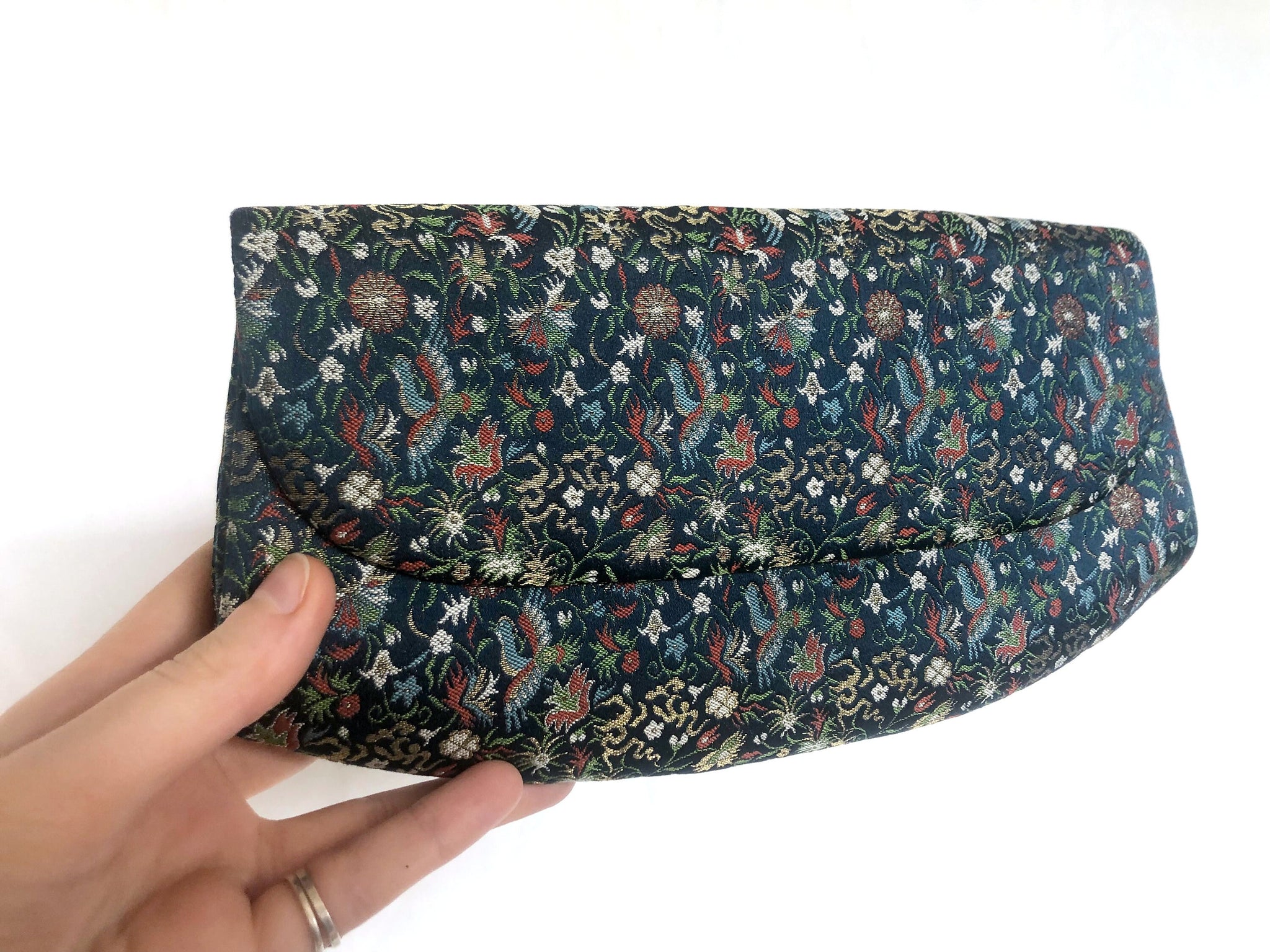 Elegant Japanese pouch bag - deep blue jacquard with colorful florals and phoenixes motifs