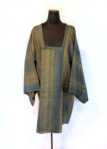 Vintage Japanese kimono coat - summer see-through short michiyuki with green stripes