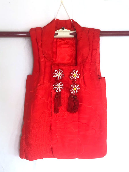 Traditional kimono vest for children - bright red with flower ornaments