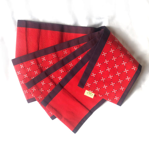 Japanese silk hanhaba obi - red with white geometric decoration