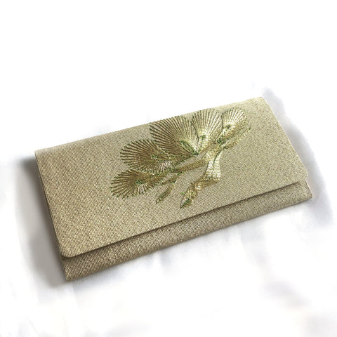 Vintage Japanese slim wallet - golden brocade with pine tree motif