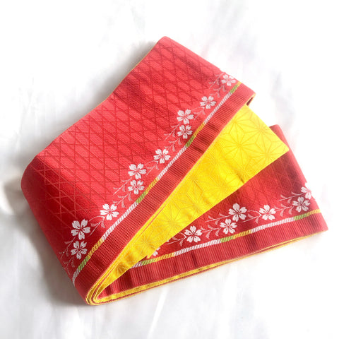 Reversible narrow obi - bright red and yellow with white sakura pattern