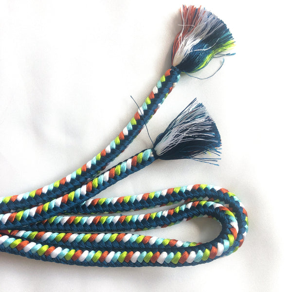 Vivid silk obijime - thin belt with tassels - dark blue with colorful accents