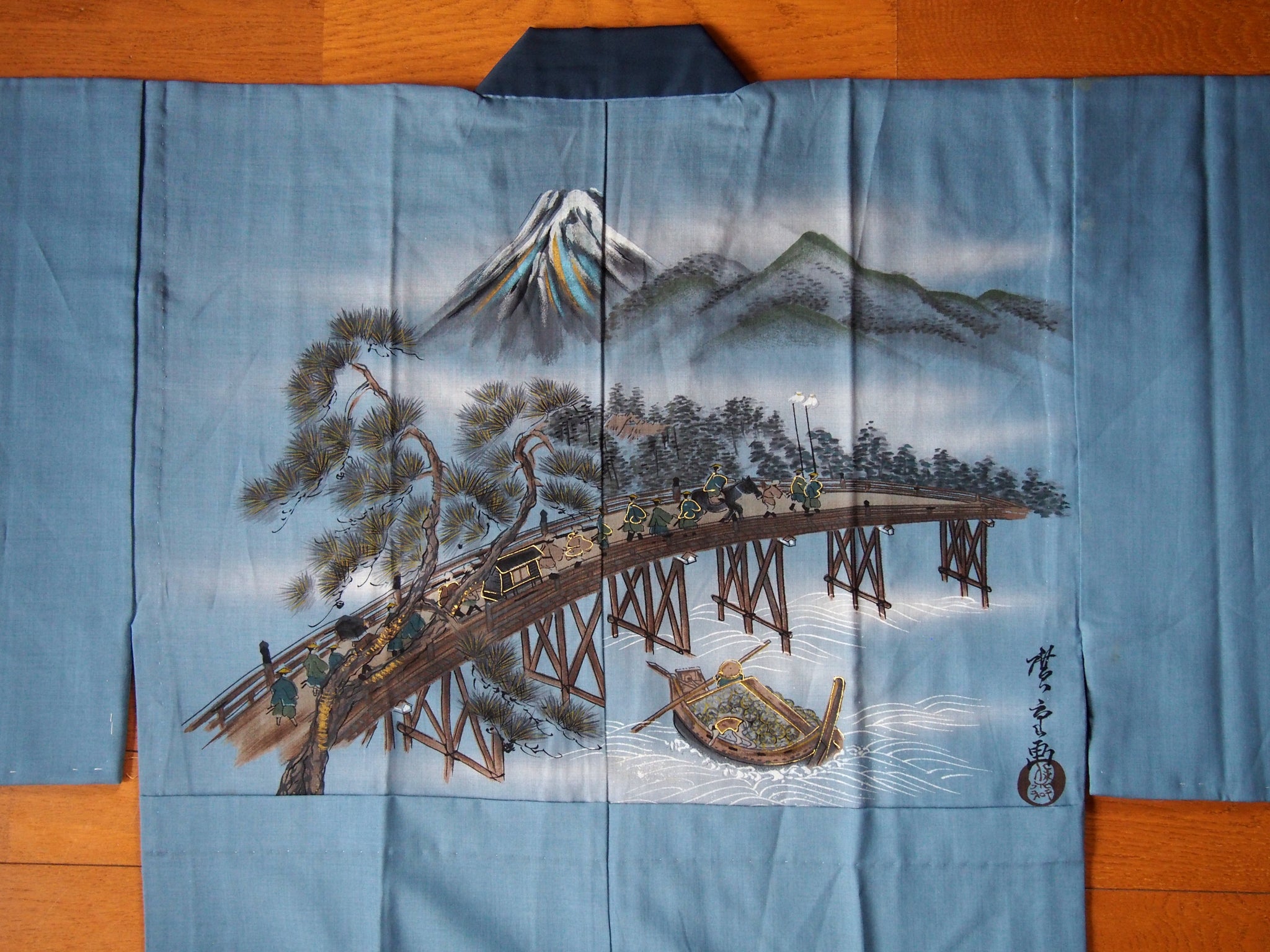 Men's kimono undershirt- steel blue w/landscape scene