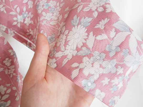 Authentic Japanese summer kimono - see through pink with delicate white and blue florals