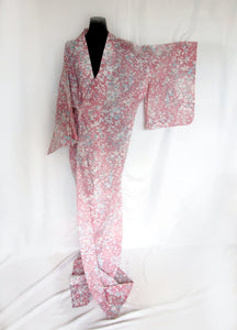 Authentic Japanese summer kimono - see through pink with delicate white and blue florals