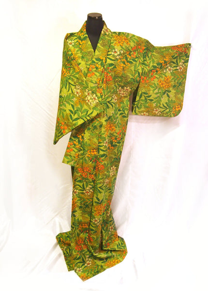 Bold and colorful light wool kimono - bright green with orange and yellow florals