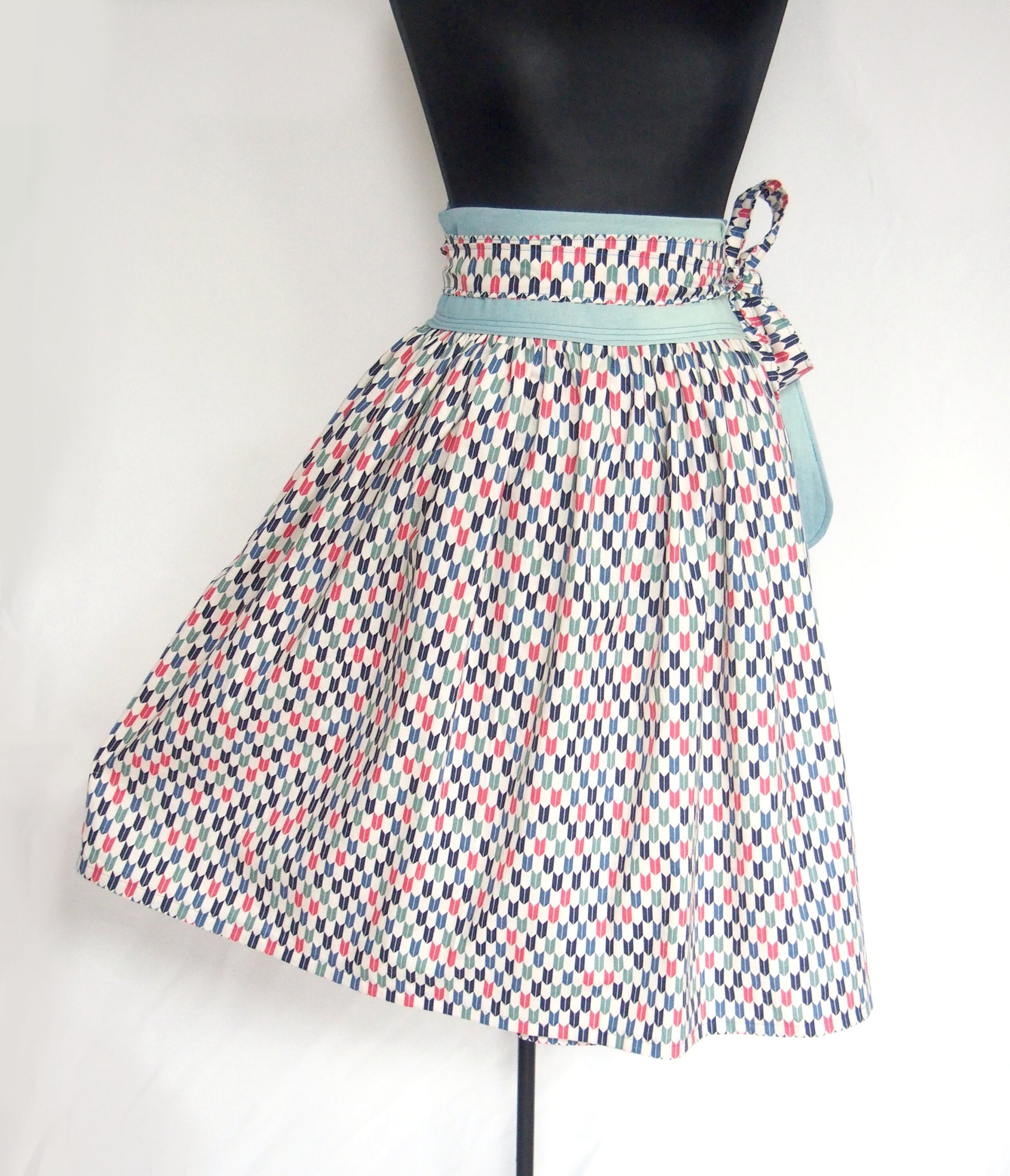 Blue yagasuri - small arrow feathers - handmade midi wrap cotton skirt with pockets