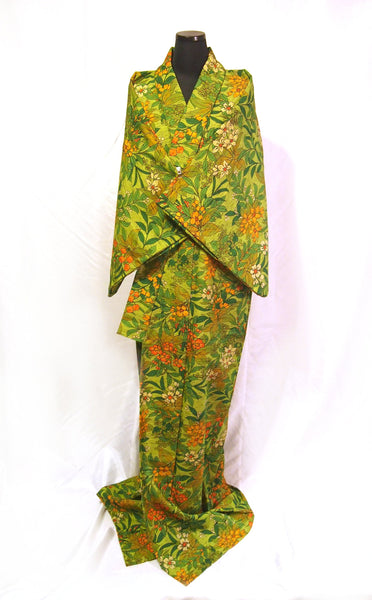 Bold and colorful light wool kimono - bright green with orange and yellow florals