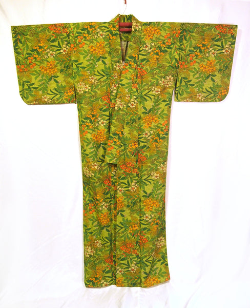 Bold and colorful light wool kimono - bright green with orange and yellow florals