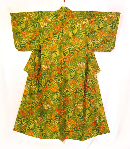 Bold and colorful light wool kimono - bright green with orange and yellow florals