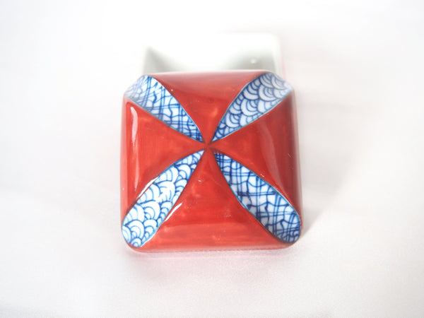Small Japanese ceramic box - square red with indigo pattern