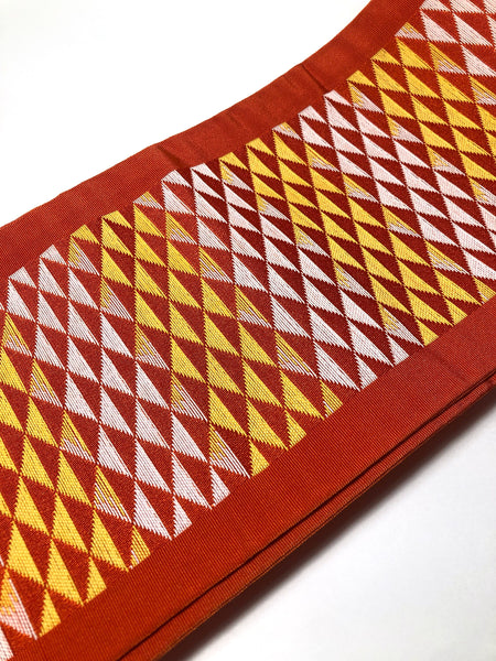 Bold Japanese hanhaba obi - vivid orange with white and yellow diamond pattern