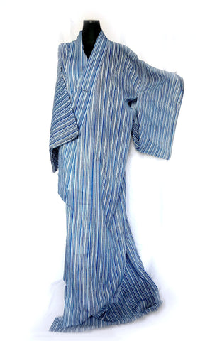 Authentic Japanese summer kimono - see through blue and white stripes