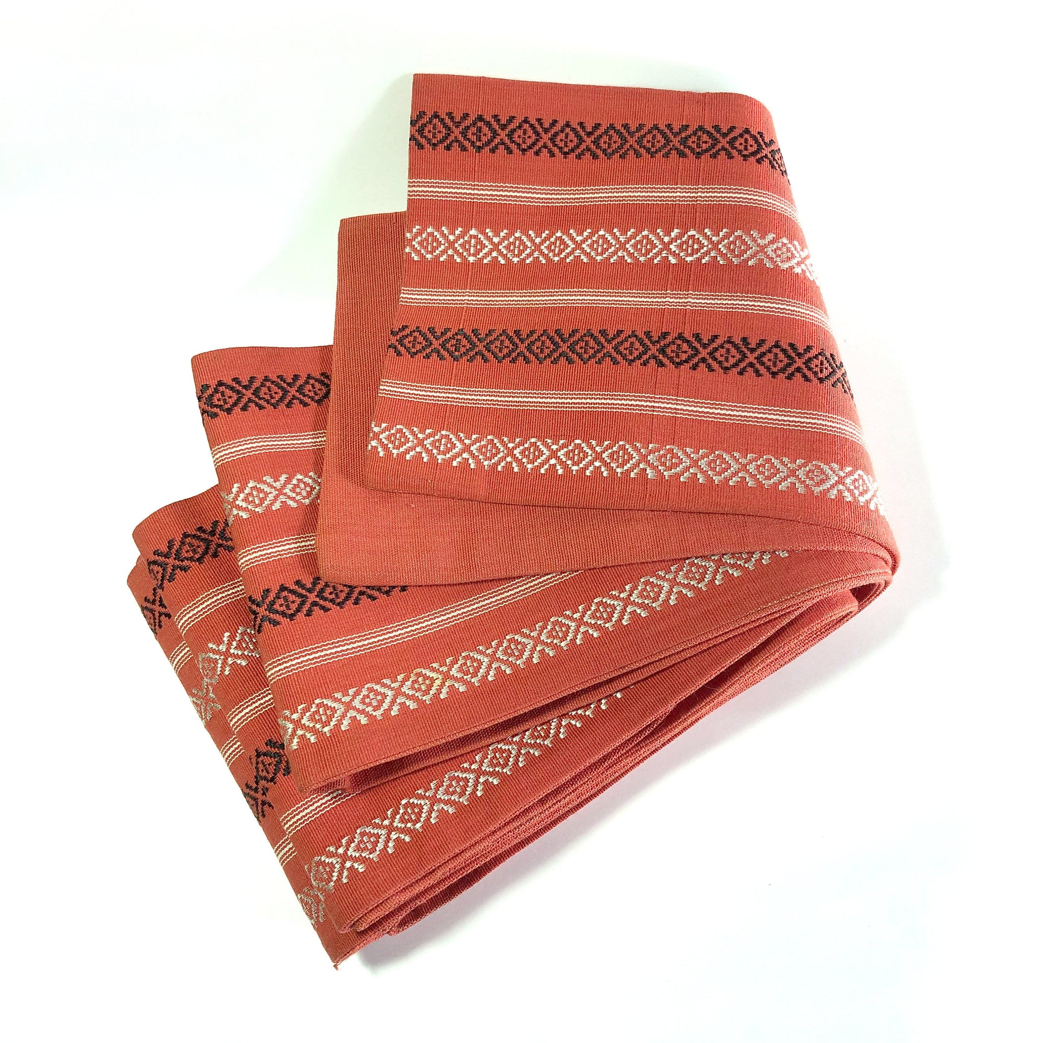 Traditional Japanese hanhaba obi - terracotta red hakata ori with black and white pattern