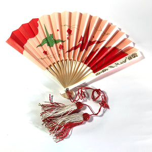 Vintage foldable paper fan with tassels - origami cranes and plum blossoms